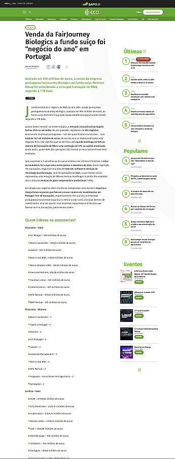 Venda da FairJourney Biologics a fundo suo foi negcio do ano em Portugal